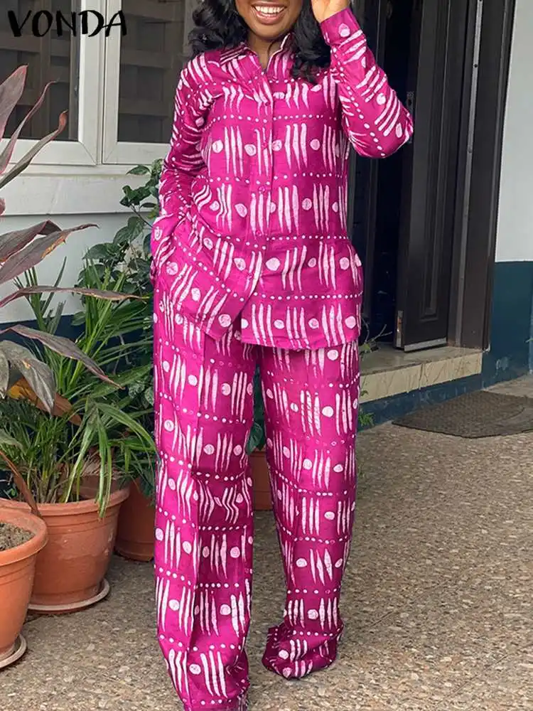 

Комплект брюк VONDA женский винтажный, модный однотонный Повседневный тренировочный костюм с принтом, Топ с длинным рукавом и свободные штаны, комплект из 2 предметов, 2024