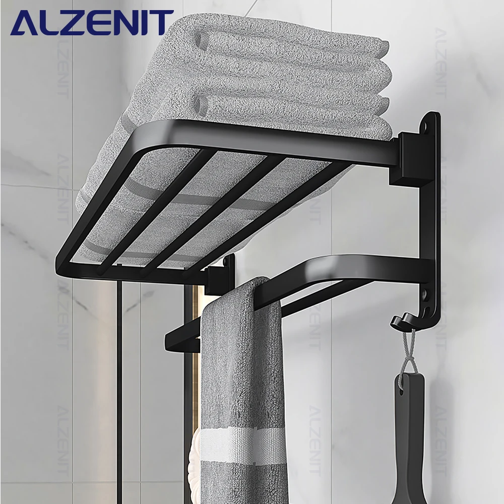 

Matte Black Towel Rack 40-60CM Movable Holder With Hook Wall Mount Shelf Aluminum Shower Bar Hanger Rail Bathroom Accessories