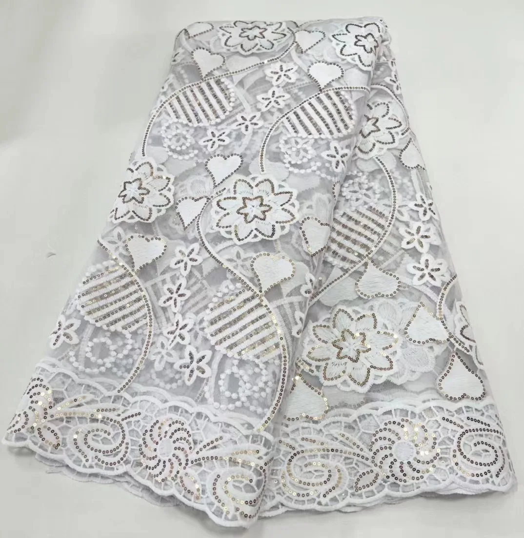 Pure White Nigerian Milk Silk Lace Fabric 2022 African Sequins Guipure