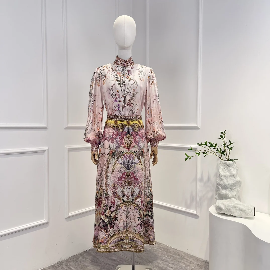 Fantasy Pink Violet Floral Botanical Printing Suit 2023 Fall High Quality Silk Lady Fashion Long Sleeve Blouse Skirt Set aw pla silk filament 1kg x2 rolls 1 75mm silk texture high toughness fdm 3d printer printing tolerance 0 02mm material free ship