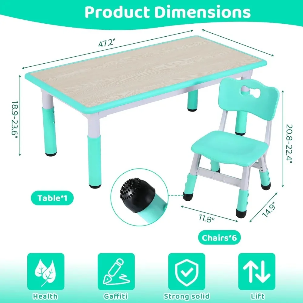 Kids Table and 6 Chairs Set, Height Adjustable Graffiti Table,Preschool Activity Art Craft Table,for Daycare Classroom Home Boys 6