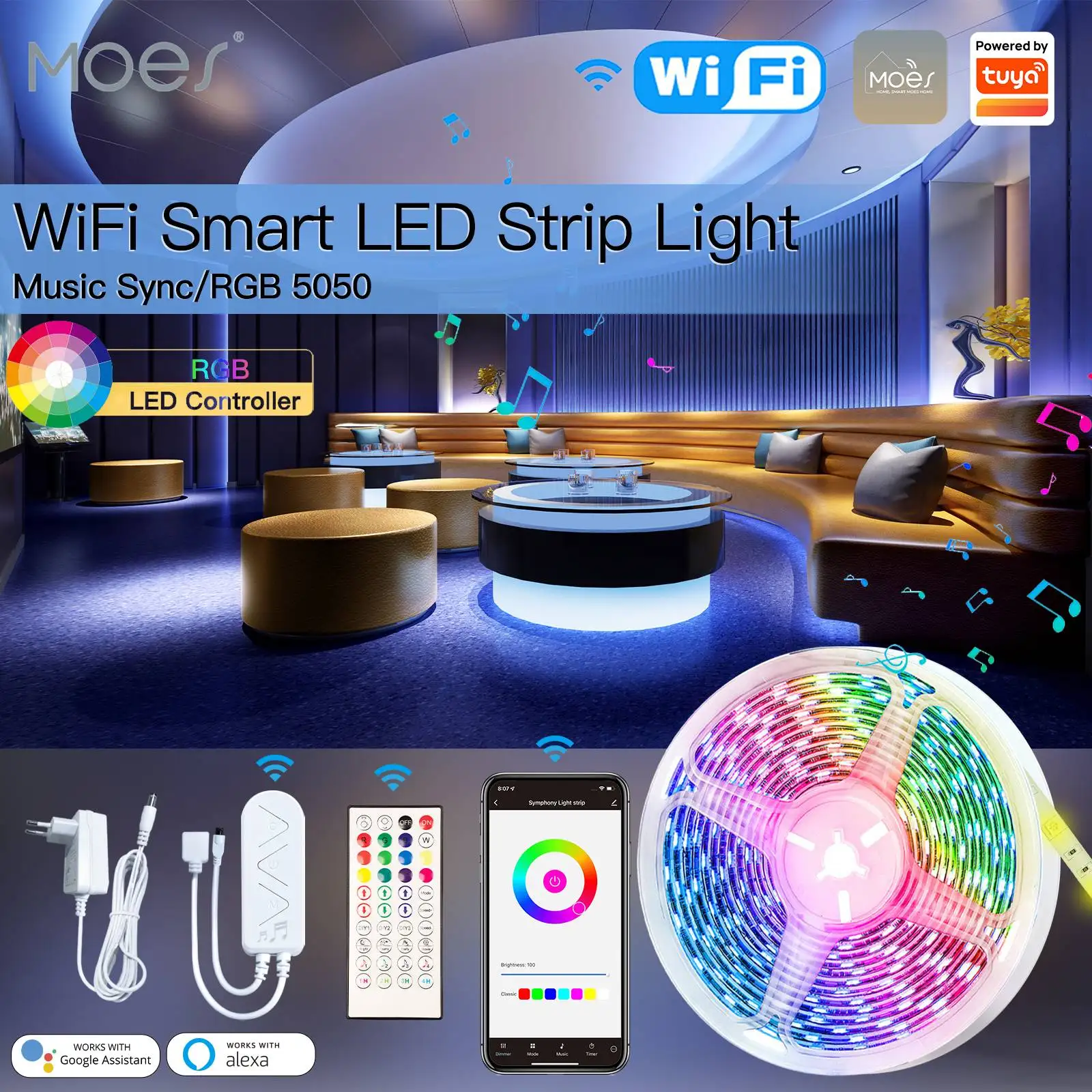 

MOES WIFI Smart LED Light Strip TUYA 5050 RGBWW Music Sync Color Changing Remote Control Voice Control by Alexa Google Home