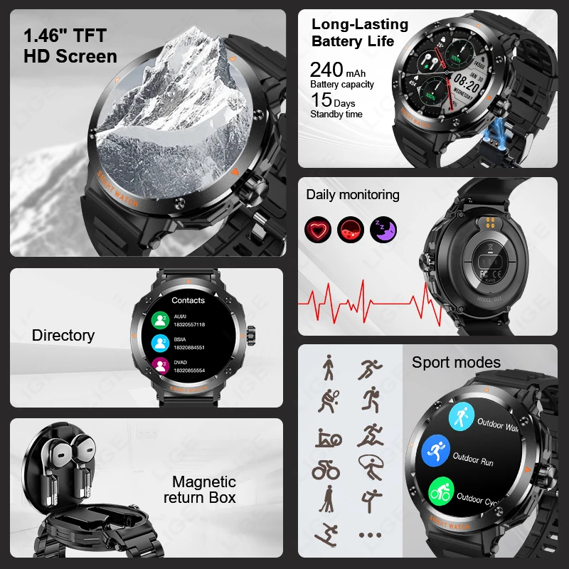 LIGE 2025 New TWS 2-in-1 With Headset Smart Watch Bluetooth Call NFC Smartwatch Men Heart Rate Health Monitor Play Music Watches