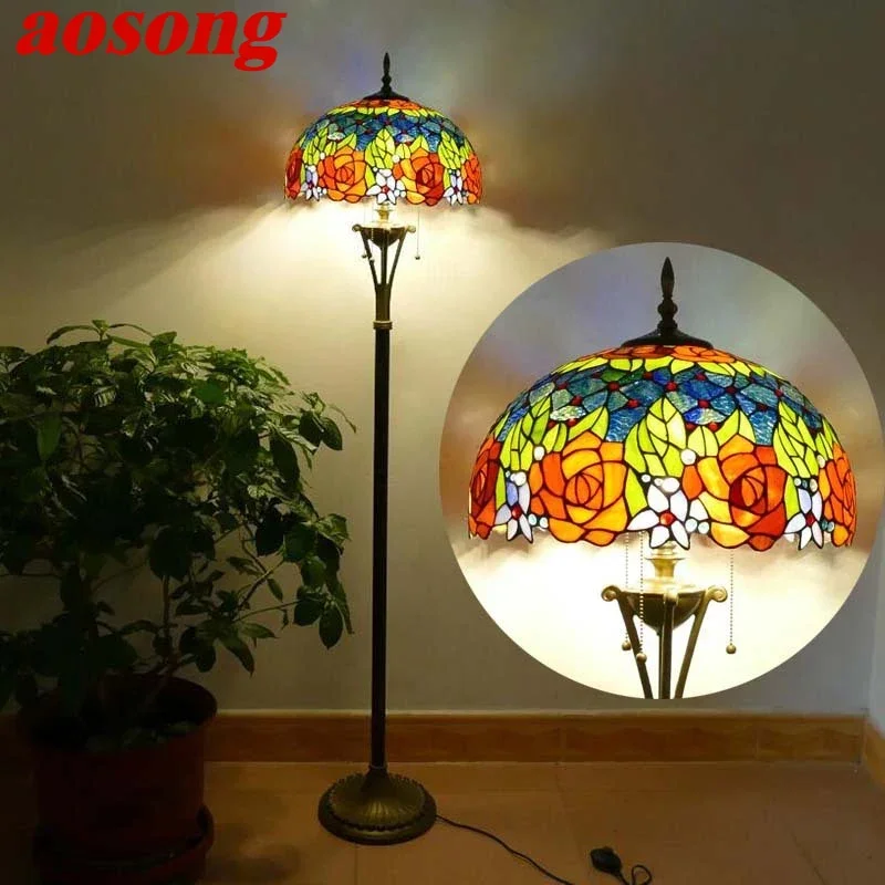 

AOSONG Tiffany Floor Lamp American Retro Living Room Bedroom Lamp Country Stained Glass Floor Lamp