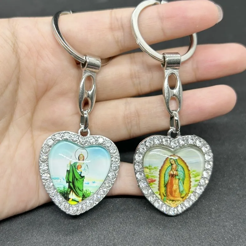Metal Virgin Mary St. Jude Keychain Religion Heart Charms