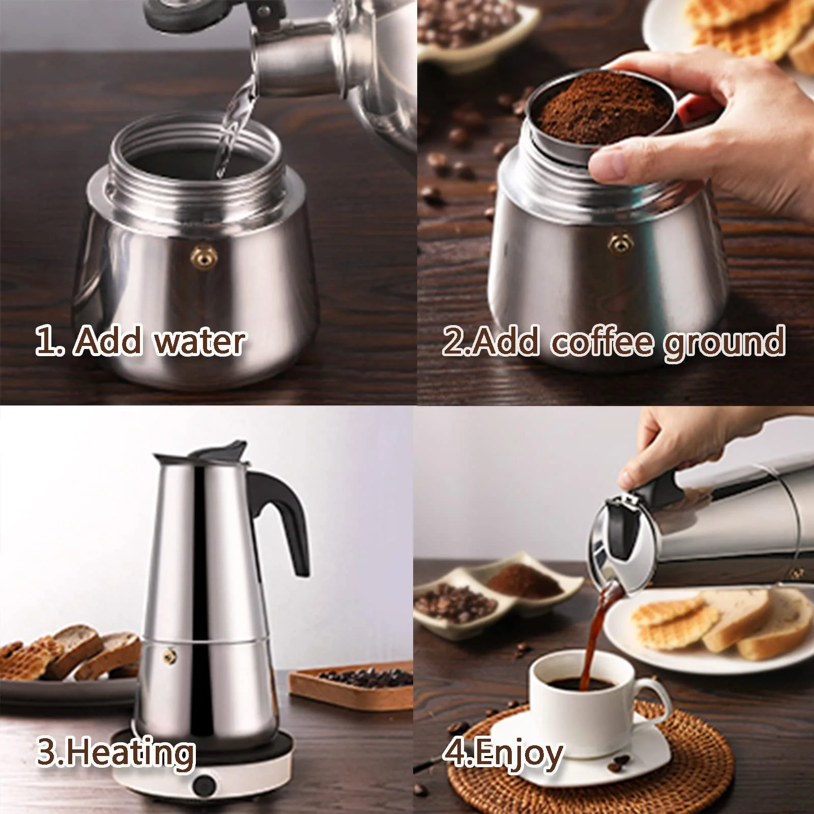 9-Cup Stainless Steel Moka Pot & Electric Stove Set - Stovetop Espresso Maker For Home, Office, Bar