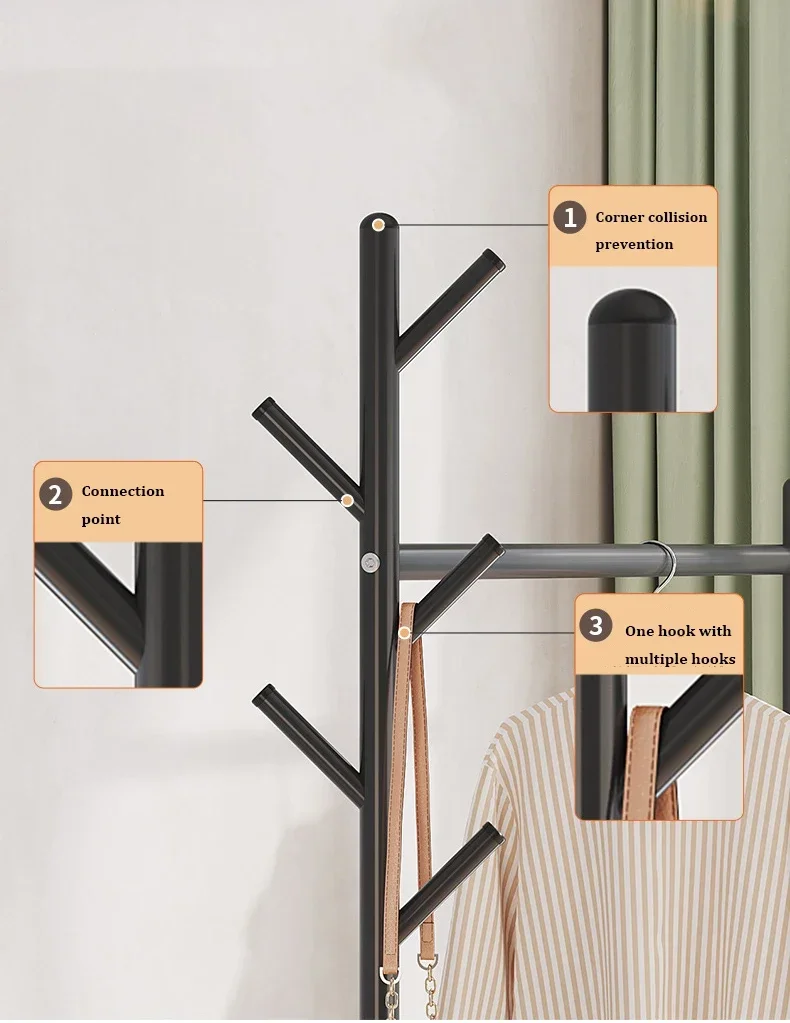 Description Picture 5 of itemMovable Clothes Rack Floor Hanger Stainless Living Room Bedroom Furniture Coat Hat Rack Hooks Stand Storage Wardrobe Storage Box