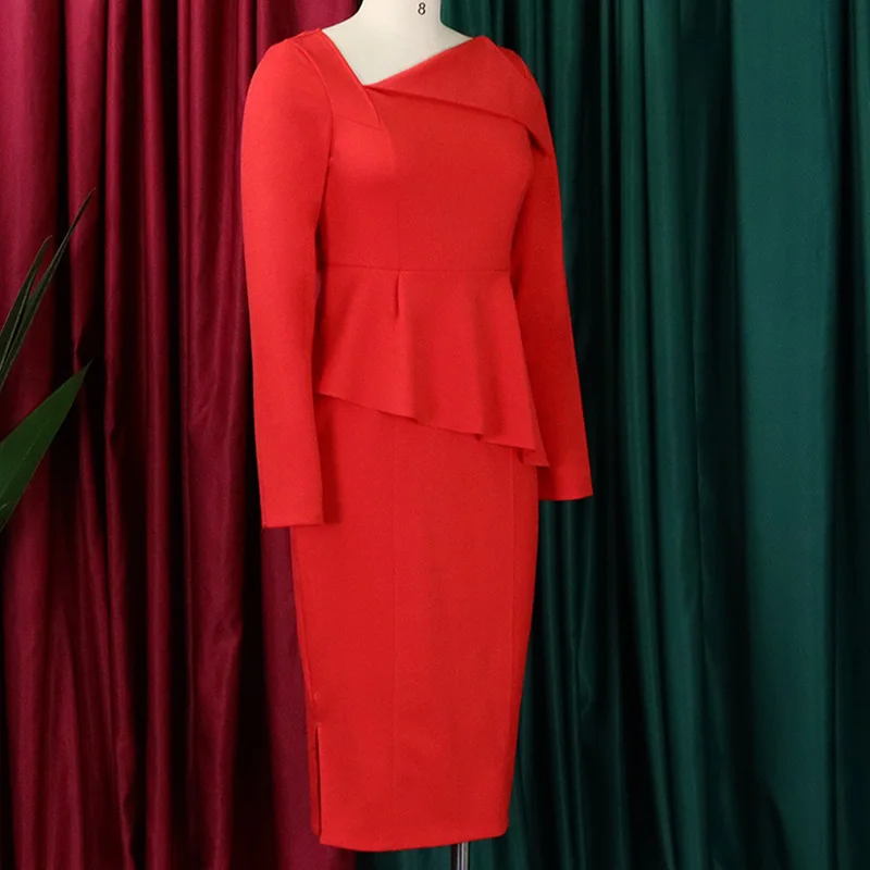 Evening Party Solid Color Long Sleeve Pencil Skirt Autumn Elegant Oblique Collar Patchwork Zipper Plus Size Slim Dress for Women