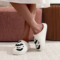 Halloween Bat Pattern Embroidery stuffed Home Thick-soled Cozy Furry Cotton Slippers Personality Warm Non-slip Indoor Slippers Men Women Can Wear Holiday Gift 2