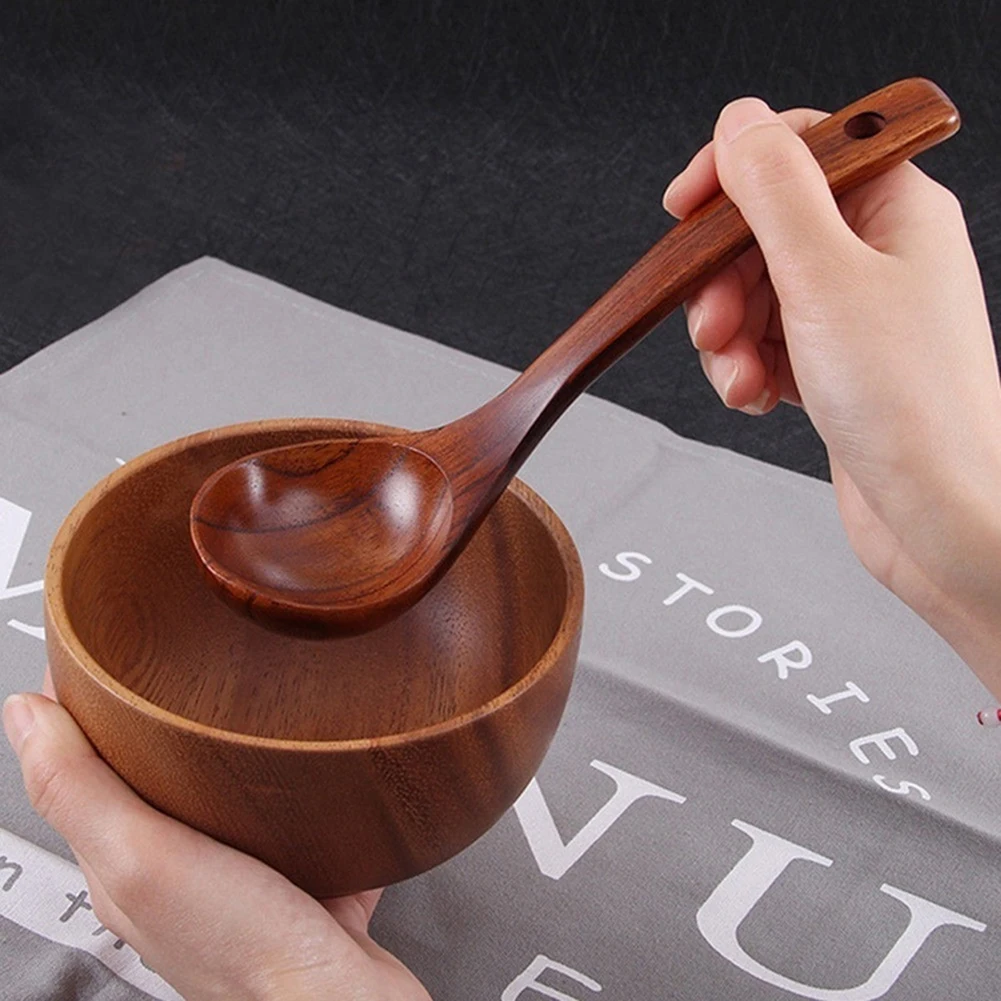 Wooden Soup Spoon Long Handle Dessert Rice Soup Spoon Teaspoon Kitchen Accessories 1PC