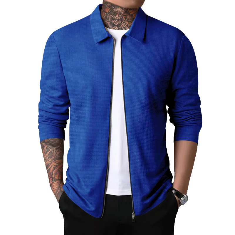 2023 New Spring and Autumn Waffle Zipper Lapel Jacket Men's Fashion Slim Fit Outdoor Casual Sports Cardigan Top Customizable Log
