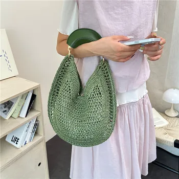 Borsa Tote da Donna Estiva Boho in Paglia Intrecciata a Mano, Modello a Mezzaluna, con Manico Superiore, Stile Cesto, Traforata, In Promozione