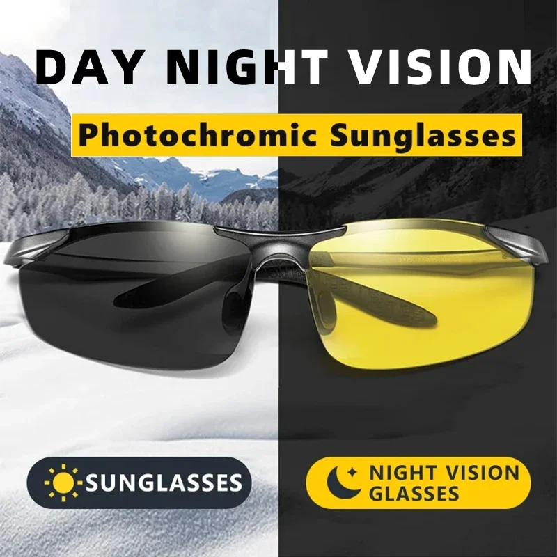 Photochromic sunglasses aluminium rimless day night vision anti-glare polarized driving travel fishing goggle