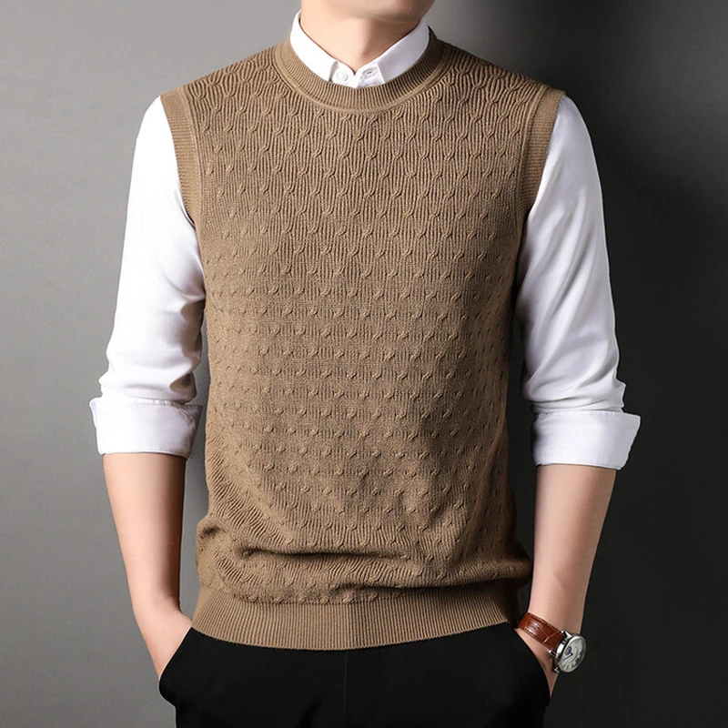 Men Wool Knit Tops Basic Sleeveless Jumpers Sweater Pullover O Neck for Autumn Winter England Style Male Young Fashion 00049