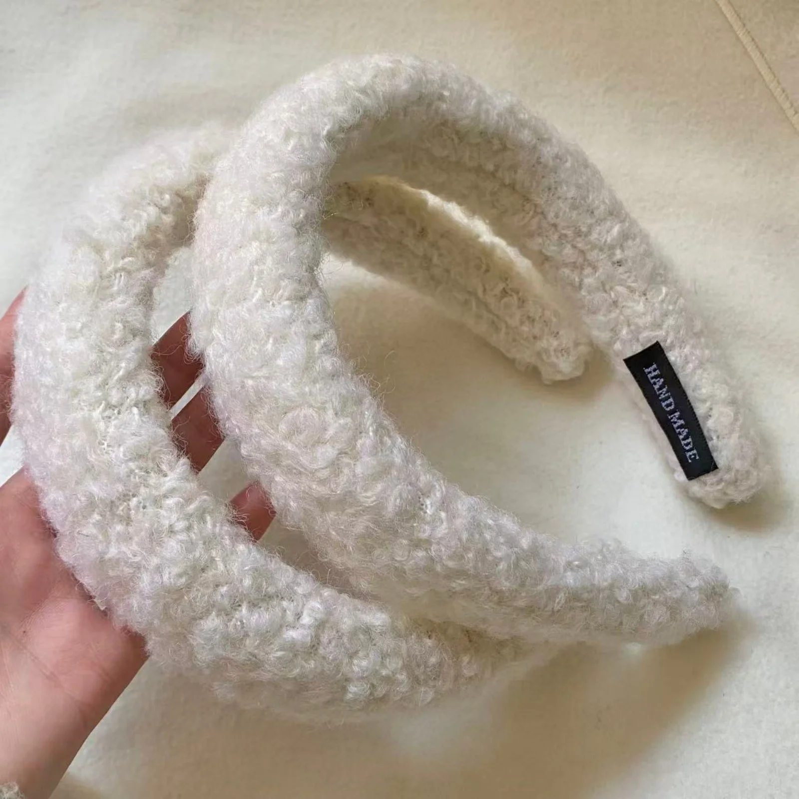 1PC White Fuzzy Wool Headbands, Handmade Fluffy Hair Accessories, Soft Warm Winter Headwear, Stylish Thick Padded Hair Bands