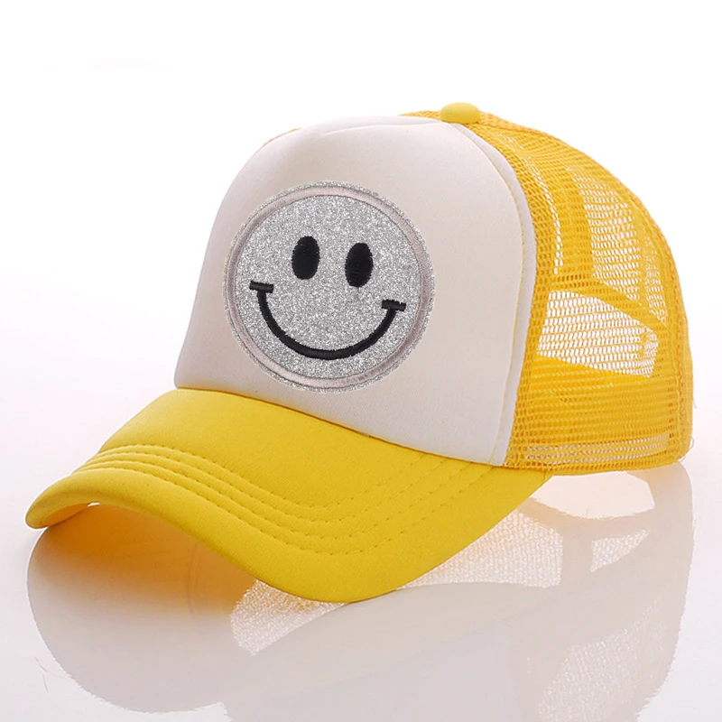 designer skully hat 2022 New 23 Colors Glitter Smiley Trucker Hat Men's Mesh Hat Summer Hat Trucker Hat Smiley Hat Adjustable Hat Cap Men  Unisex yellow skully hat Skullies & Beanies