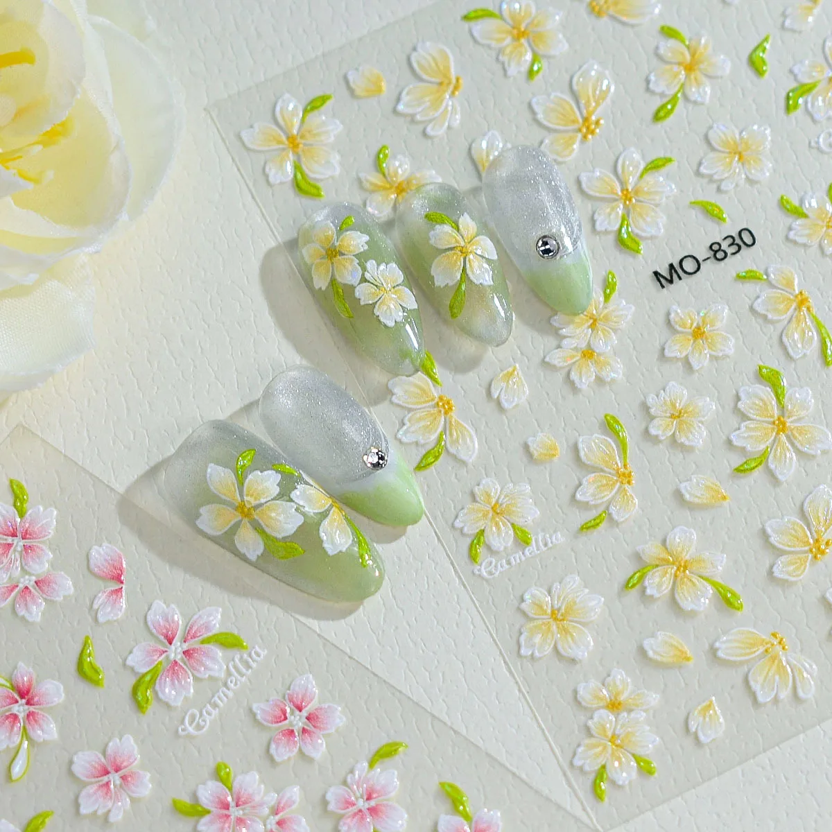 3D 엠보싱 봄 & 여름 분위기 카멜리아 방수 스티커 핑크 프레시 네일 데코 네일 표면용 봄꽃 액센트