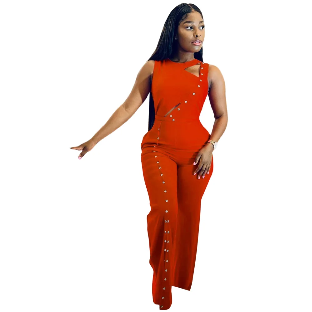 

Jumpsuit African Clothes Women With Eyelet Hollow Out Playsuit Fahsion New Solid Split Wide Leg Pants African Jumpsuits Overalls