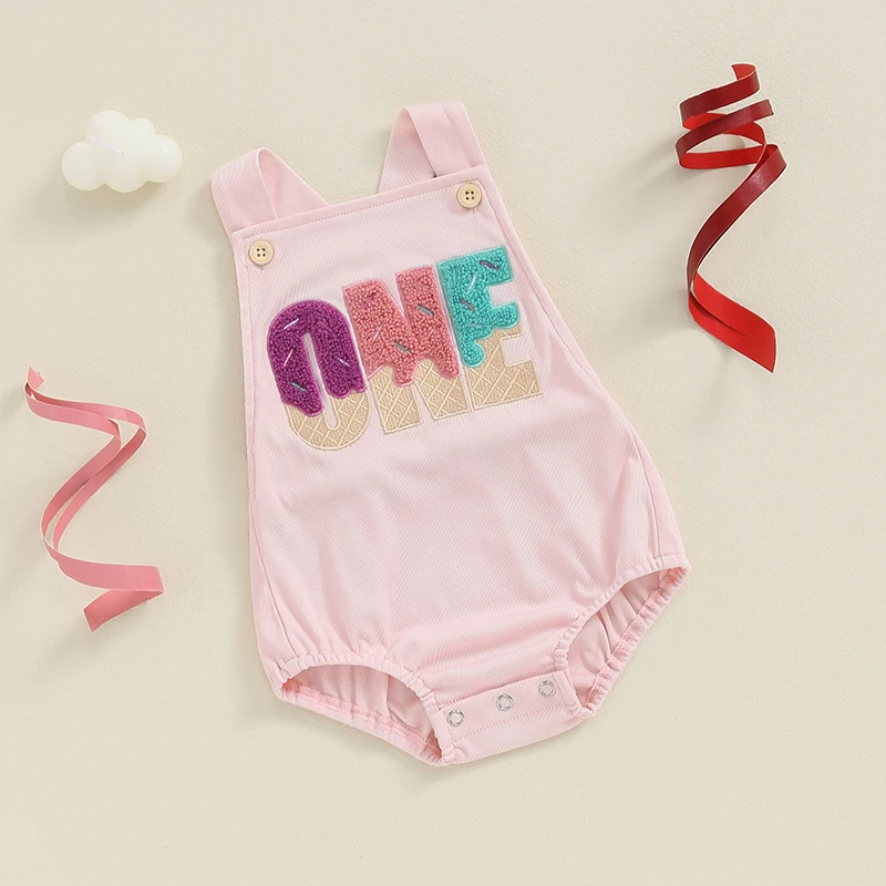 여름 캐주얼 문자 자수 민소매 바디수트 점프수트,  소녀 소년 생일 작업복