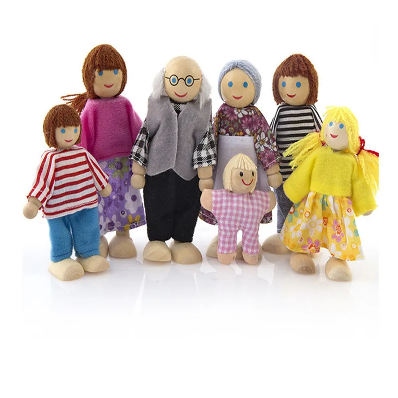 Miniature Wooden Family Dolls Set with Furniture Toy for Kids Children's Dollhouse Play Toy Gift for Boys & Girls - 6