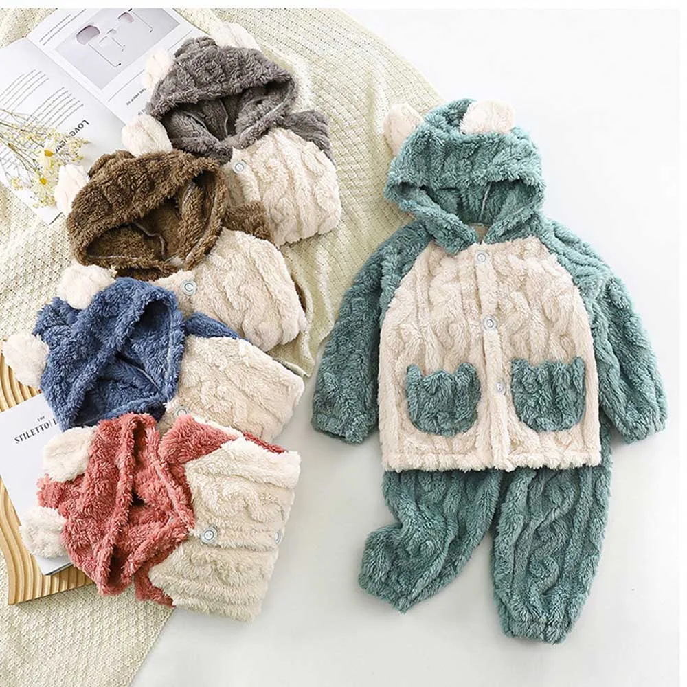 

Baby Girls Boys Pajamas Set Toddler Kids Fleece Pullover+Pants 2pcs Sleep Wear Winter Children's Thicken Flannel Clothing Suits