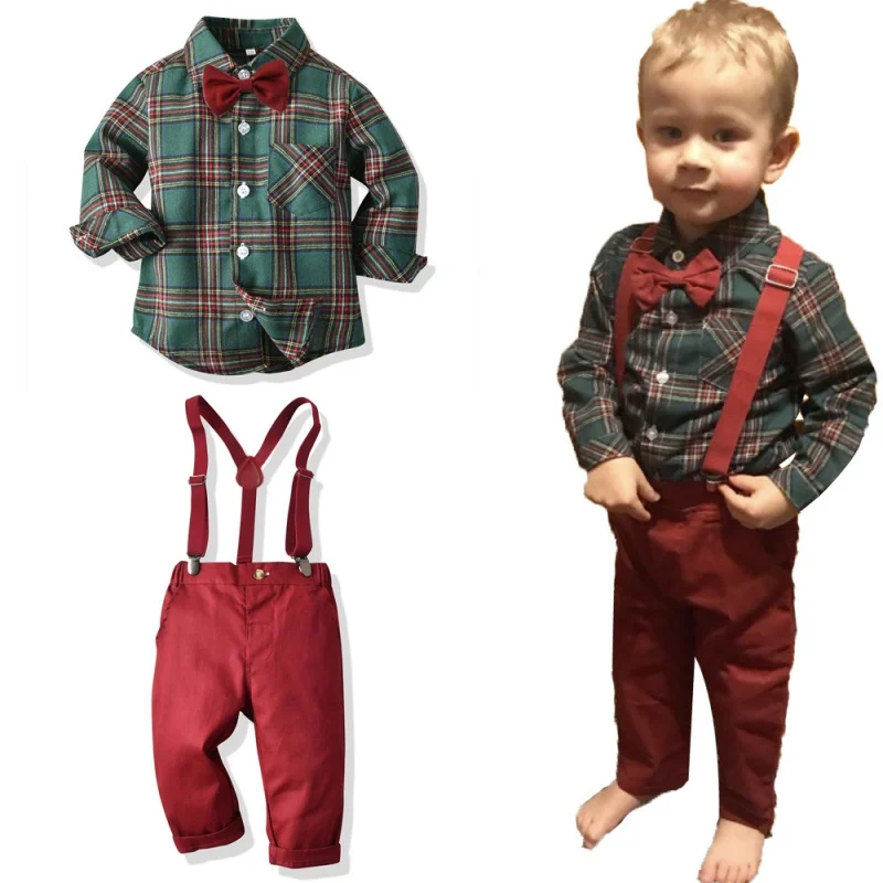 

2023 Spring Children's Wear Source Good Goods Boys' Long-Sleeved Shirt Suspender Pants Two-Piece Suit