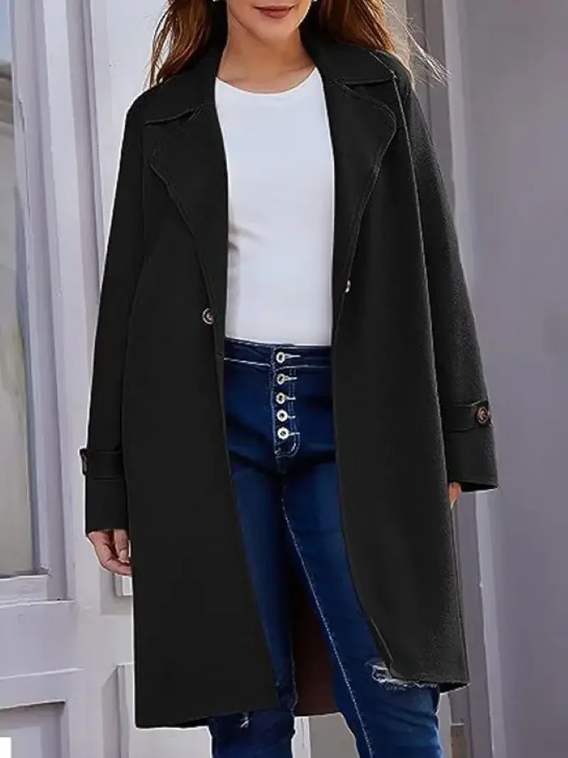 

2024 Hot Womens New Fall and Winter Simple Long-sleeved Lapel Buttons Loose Tweed Jacket Fashion Ladies Coat Clothes