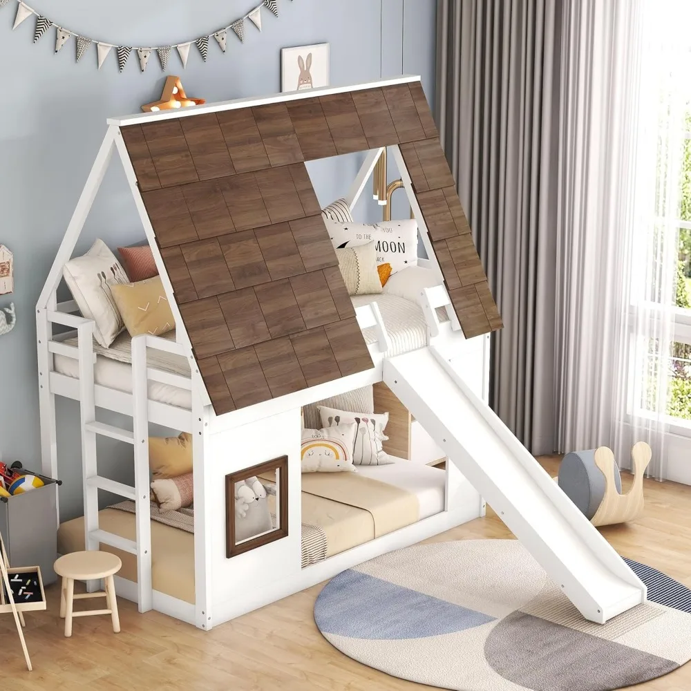 Twin Over Twin House Bunk Bed Frame with Roof,Window,Ladder and Slide for Boys Girls, White & Brown 5