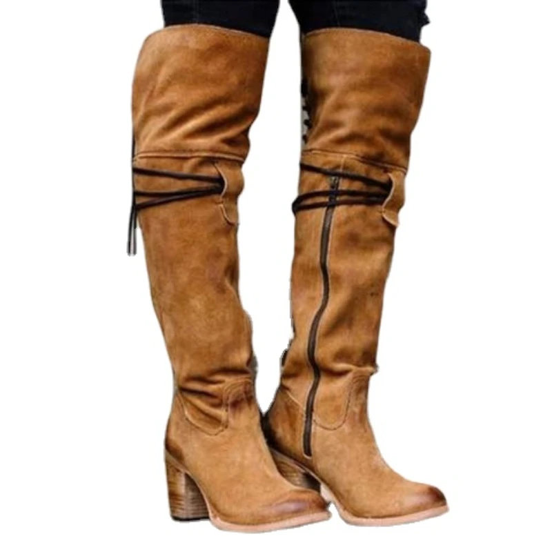 Europe America 2023 Winter Round Head Side Zip Chunky Heel High Boots Warm Botas Retro Knee Boots Big Size Shoes for Women