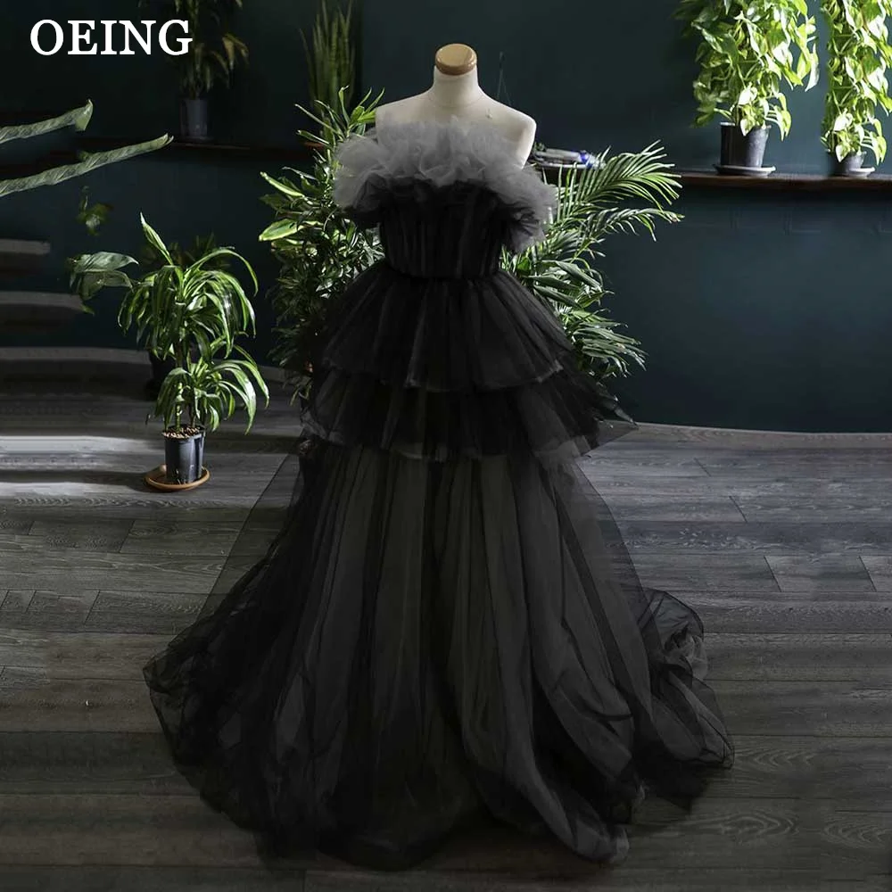 

OEING Pastrol Black Prom Dresses Fairy Off The Shoulder Floor Length Party Dress For Women Lace Up Back Evening Gowns Princess