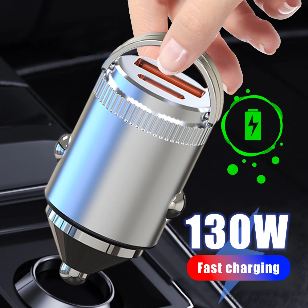 

130W Mini Double Pull Ring Metal Car Charger Car Phone Fast Chargers QC3.0 Super Fast Charger PD Invisible Mini Cars Charger