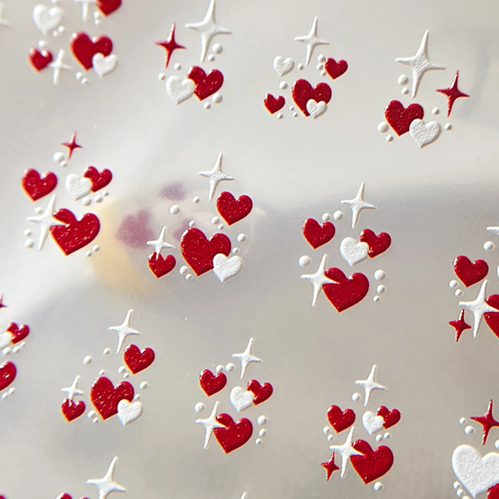 1개 레드&화이트 하트 스타버스트 네일 스티커 발렌타인데이 레드 하트 글리터 네일 스티커 귀여운 복숭아 하트 매니큐어 데칼