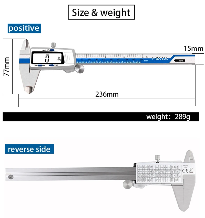 Description Picture 4 of itemET52 150mm Stainless Steel 0.01mm Precision Measure 6-Inch Digital Caliper Vernier Caliper Mm/inch/Fraction Display Zero Setting