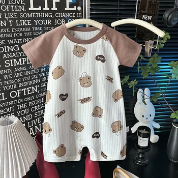 New Summer 0-2Y Baby Clothes Cute Cartoon Printed Girls Romper Contrast Color Sleeves Thin Ribbed Pure Cotton Boys Pajamas