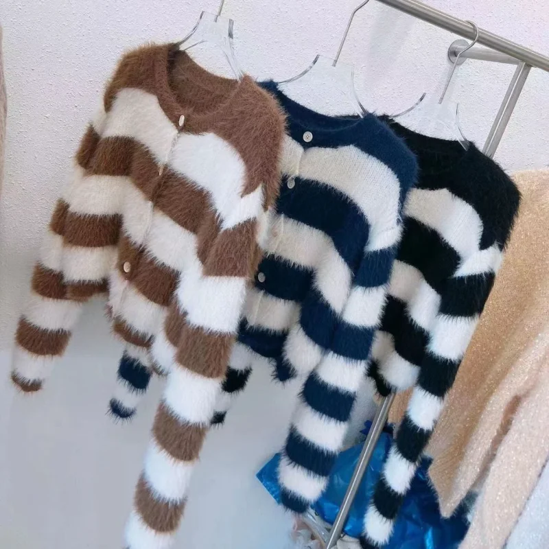 

Женский осенне-зимний свитер, пальто, вязаный кардиган из искусственной норки, короткий контрастный кардиган в полоску