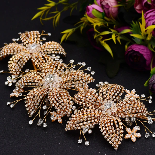 Silver Gold Flower Bride Headwear Women Headband Wedding Hair Jewelry Rhinestone Bridal Hair Ornament Bridal Hair Clip for Bride H252-G