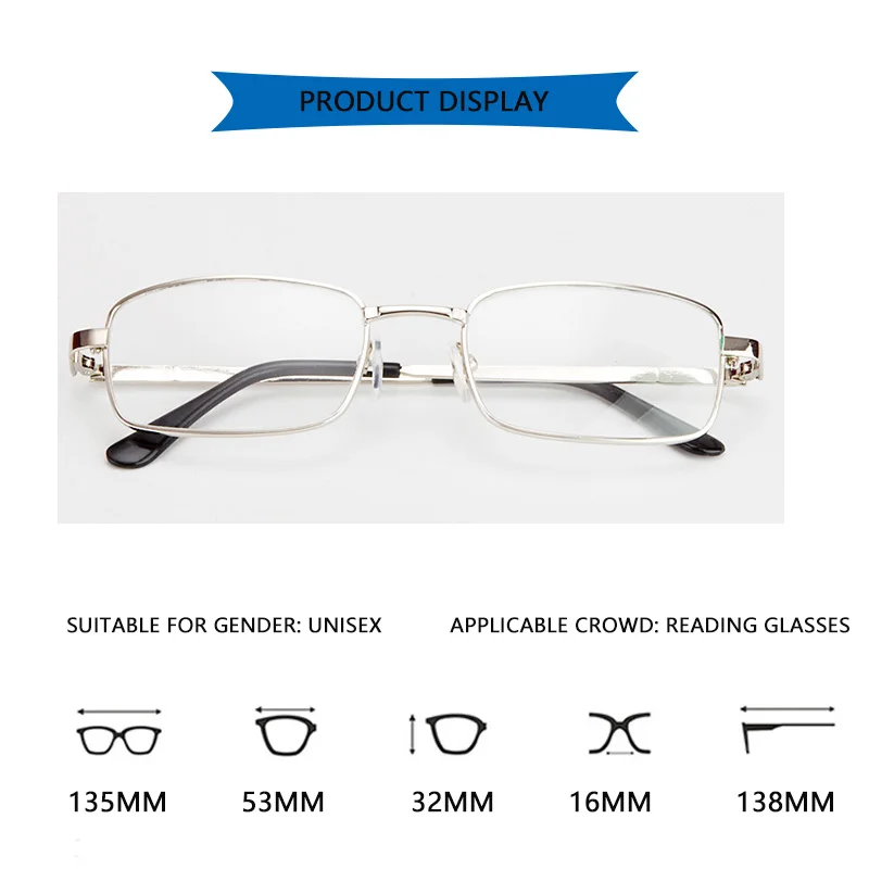 Reading Glasses Metal Real Glass Lens Square Full Frame Presbyopic Anti-Scratch Diopter For Men Women +1.5 2.0 2.5