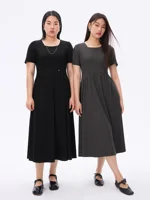 DUSHU Plus Size Women Elegant Style Square Collar Straight Shoulder Slim Knitted Dress 2025 Summer New Patchwork Dress 25DS82228