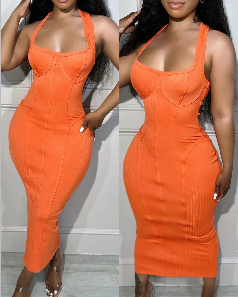 

Sleeveless Slit Halter Bodycon Women Slim Summer Spring High Waist Fashion Casual Ankle Length Party Dress