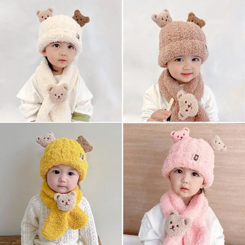 Baby Warm Hat Scarf Set Plush Cute Bear Ear Protection Hat Neck Warmer Winter Thickened Knitted Scarf For Kids Baby Toddler