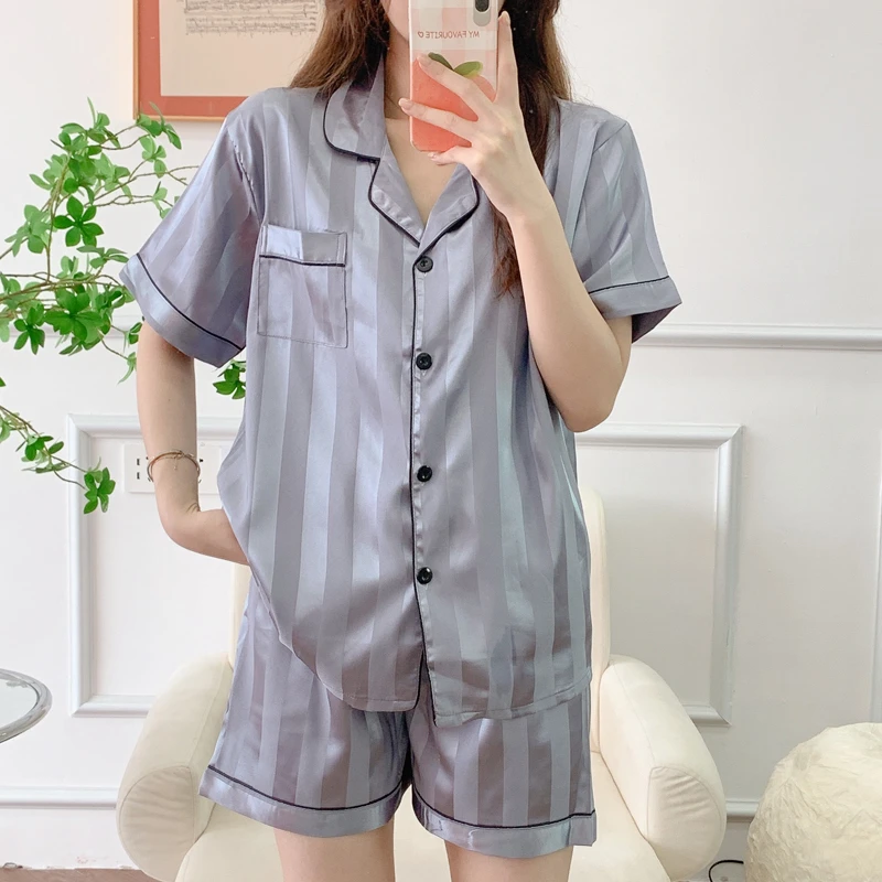 Ice silk pajamas women's suit 2024 new summer thin cardigan small lapel short sleeve silk ins vertical stripe home clothes