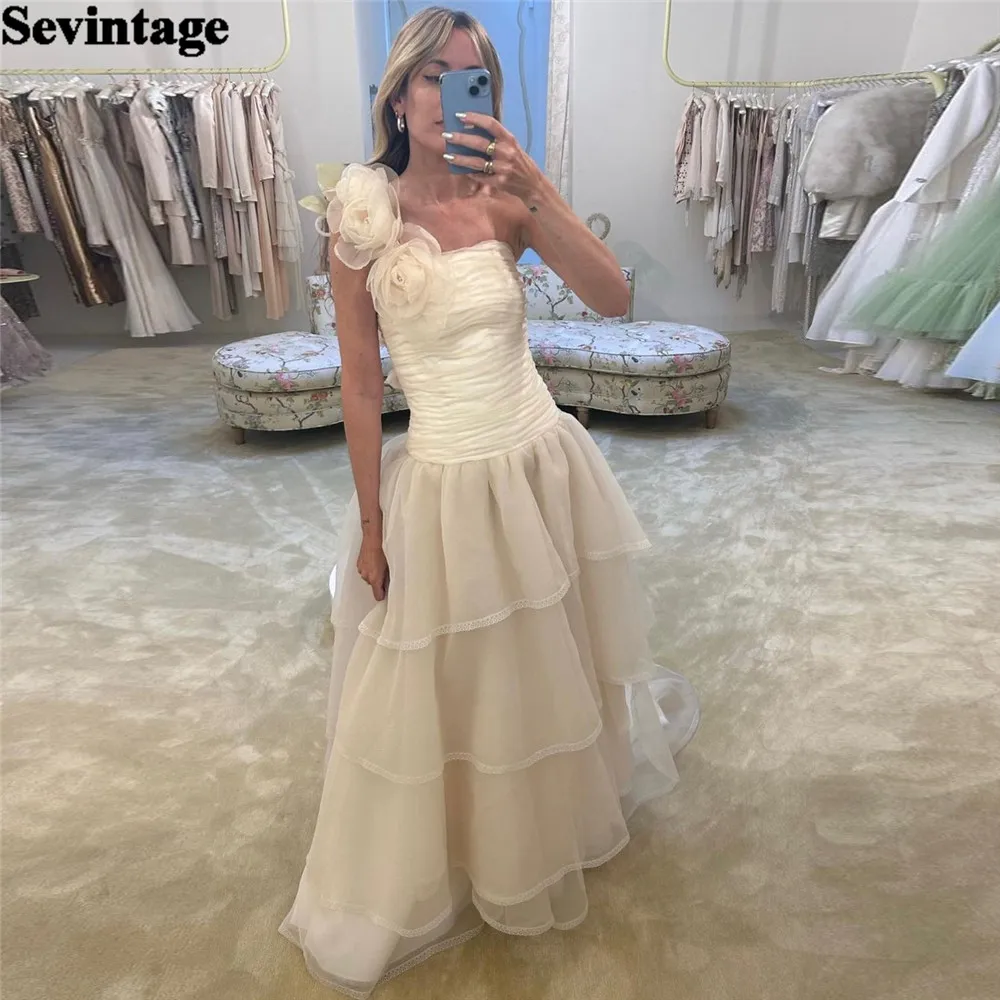 

Sevintage Elegant Ivory A-Line Prom Dress One Shoulder With Flower Tiered Pleat Ruched Floor Length Party Gown vestidos de gala