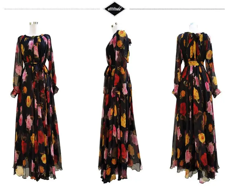 Summer Woman Beach Bohemian Maxi Dress Floral Printed Chiffon Fashion Abaya Islamic Clothes Muslim Saudi Arabia Loose Long Dress