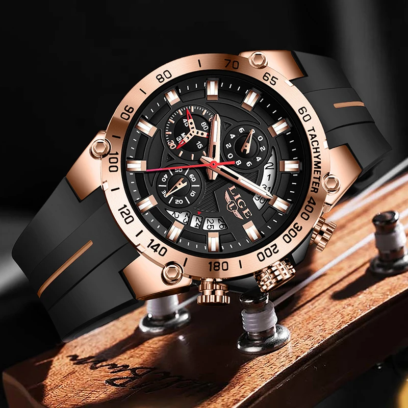 LIGE Mens Watches Top Brand Luxury Silicone Military Watch For Men Fashion Big Dial Waterproof Quartz Chronograph Reloj Hombre