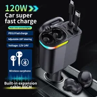 New Retractable Car Charger 120W, 4 in 1 Fast Phone Charger, With Car Wireless Bluetooth Headset,Type C Cars Chargers Adapter