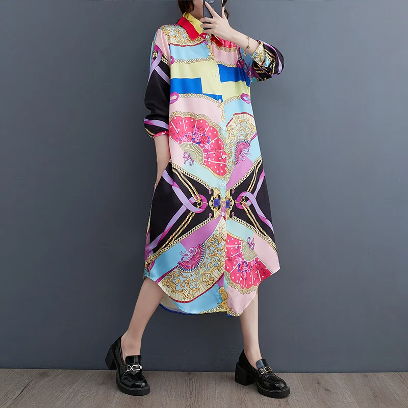 

#6836 Spring Summer Vintage Shirt Dress Women Long Sleeve Loose Polo Neck Asymmetrical Midi Dress Female Loose Front Buttons