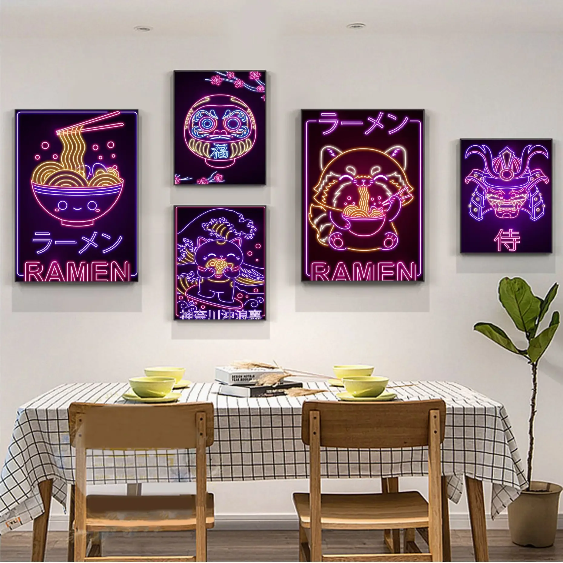 

Fox Room Poster Noodle Food Painting Japanese Animal Neon Vintage Posters Sticky Vintage Room Bar Cafe Decor Room Wall Decor