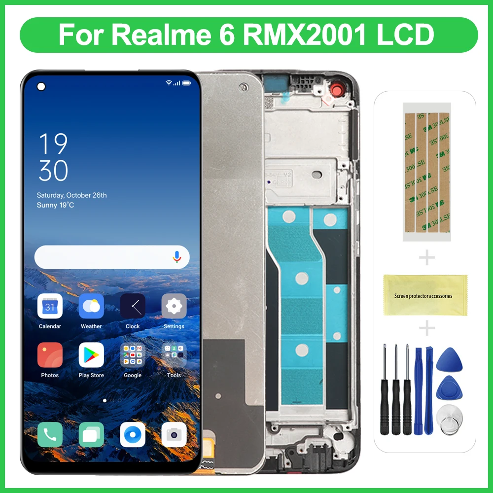 6.5 OPPO Realme 6 디스플레이 RMX2001 용 프레임 교체 부품이있는 OPPO Realme 6 LCD 디스플레이 터치..