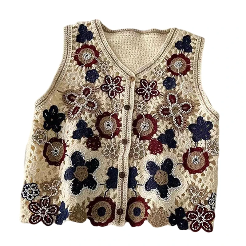 Women Hollow Crochet Knit Vest Waistcoat Beaded Floral Button Crop