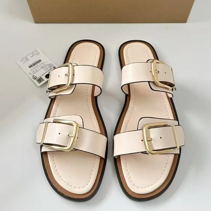 נעלי סנדלים רומאיות לנשים עם פתח פתוח, תחתית שטוחה רטרו, נוחות לחופשה בקיץ, נעלי חוף בסגנון אופנתי עם רצועת סגירה כפולה, מותג נעליים
